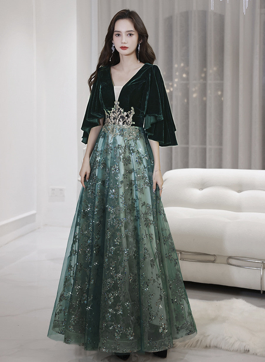 Dark Green Velvet with Tulle Long Party Dress, Dark Green A-line Formal Dress Prom Dress