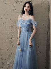 Blue Tulle A-line Party Dress with Beadings, Blue Long Prom Dress