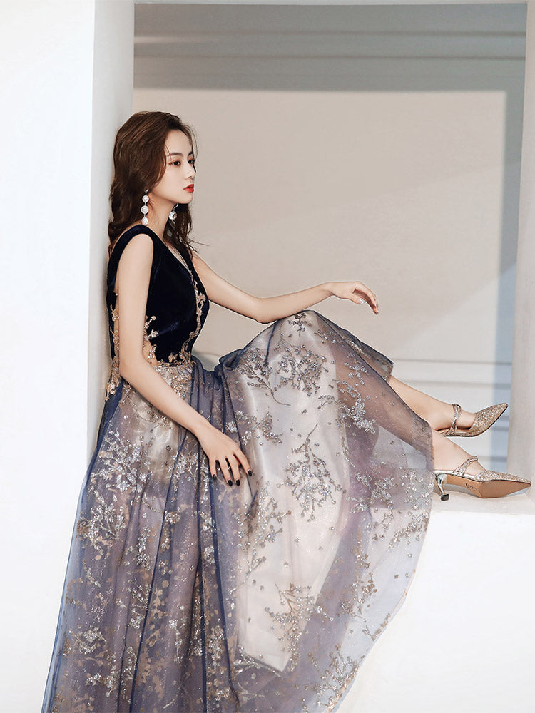 Beautiful Blue Velvet and Lace Tulle Long Low Back Party Dress, Blue A Cutedressy Beautiful Blue Velvet and Lace Tulle Long Low Back Party Dress, Blue A Cutedressy