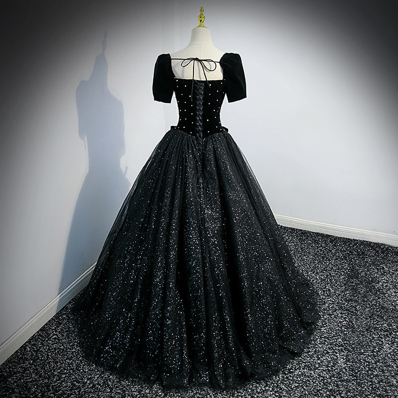 Black Short Sleeves Shiny Tulle Long Party Dress, Ball Gown Beaded Bla Cutedressy Black Short Sleeves Shiny Tulle Long Party Dress, Ball Gown Beaded Bla Cutedressy