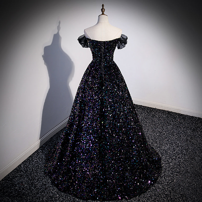 Black Off Shoulder Beaded Long Formal Dress, Black Shiny Sequins Evening Dress