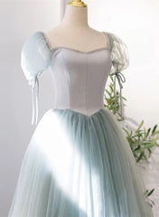 Light Green Tulle and Satin Beaded Long Prom Dress, A-line Tulle Formal Dress