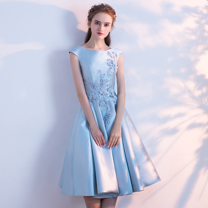 Blue Satin Knee Length Round Neckline Party Dress, Blue Prom Dress Bri Cutedressy Blue Satin Knee Length Round Neckline Party Dress, Blue Prom Dress Bri Cutedressy