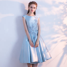 Blue Satin Knee Length Round Neckline Party Dress, Blue Prom Dress Bridesmaid Dress