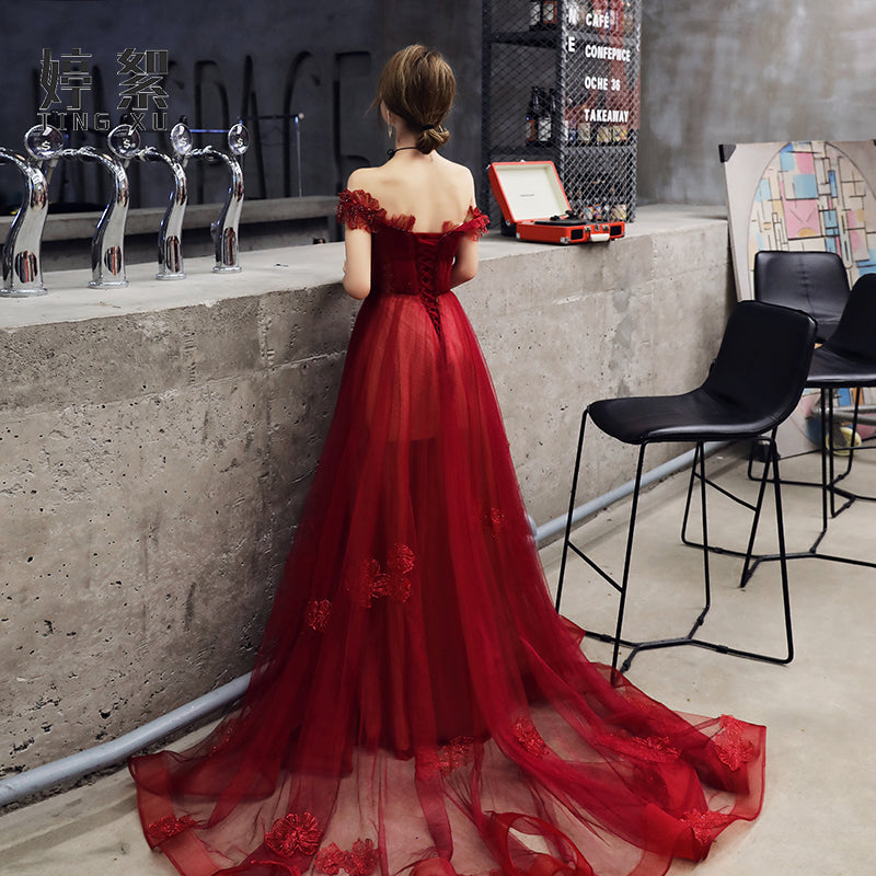 Wine Red Tulle with Beadings and Lace Off Shoulder Evening Gown, Wine –  Cutedressy