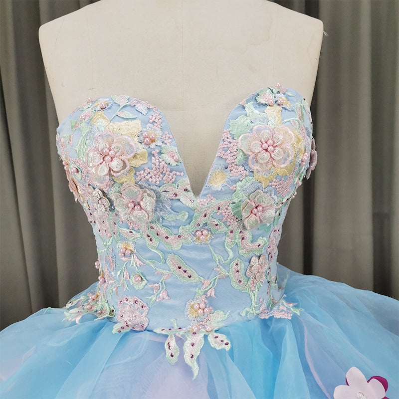 Gorgeous Organza Flowers Blue Sweet 16 Gown, Handmade Party Dress