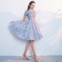 Sliver Grey Floral Lace Homecoming Dress, Scoop A-line Knee-length Lace Short Prom Dress