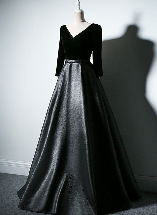 Black Satin And Velvet Long Sleeves Party Dress, Black Wedding Party Dresses