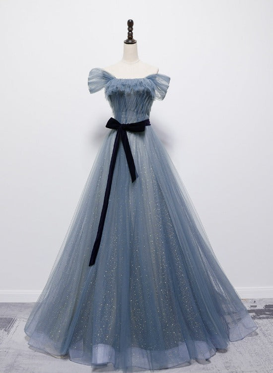 Blue Shiny Tulle Off Shoulder Long Party Dress Party Dress, Blue Evening Gowns