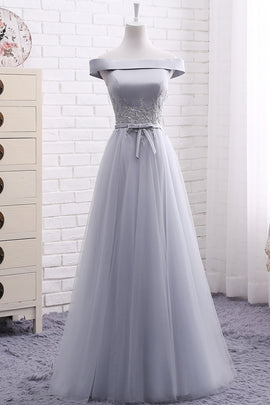 Grey Tulle Off Shoulder Floor Length Prom Dress , Grey Bridesmaid Dress, Party Dress