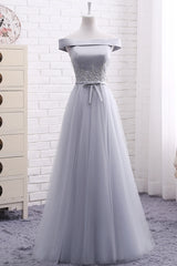 Grey Tulle Off Shoulder Floor Length Prom Dress , Grey Bridesmaid Dress, Party Dress