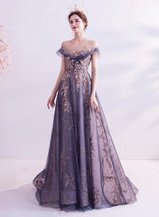 Beautiful Purple Lace and Tulle Long Evening Dress Prom Dress, A-line Tulle Formal Dress