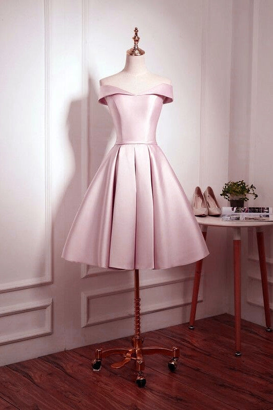 Light Pink Off Shoulder Knee Length Bridesmaid Dress, Pink Satin Homecoming Dress
