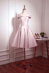 Light Pink Off Shoulder Knee Length Bridesmaid Dress, Pink Satin Homec Cutedressy Light Pink Off Shoulder Knee Length Bridesmaid Dress, Pink Satin Homec Cutedressy