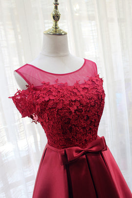 Red Satin Long Lace Off Shoulder Lace-up Elegant Party Dress, Senior Prom Gowns