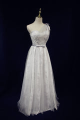 Beautiful Light Grey One Shoulder Lace-up Bridesmaid Dress, Lovely Grey Party Dress