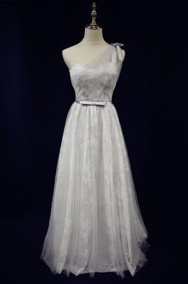 Beautiful Light Grey One Shoulder Lace-up Bridesmaid Dress, Lovely Grey Party Dress