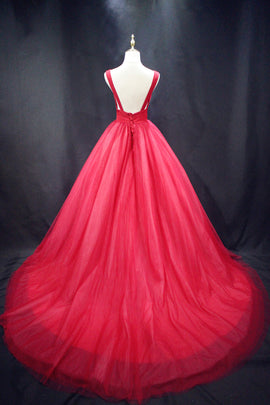 Beautiful Red Tulle Backless Long Sexy Lace-up Party Dress, Gorgeous Red Formal Gown