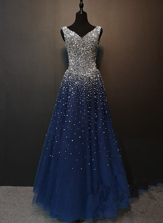 navy blue beaded long prom dress