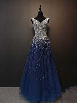 Charming Navy Blue Beaded V-neckline Long Party Dress, Sparkle Formal Gown