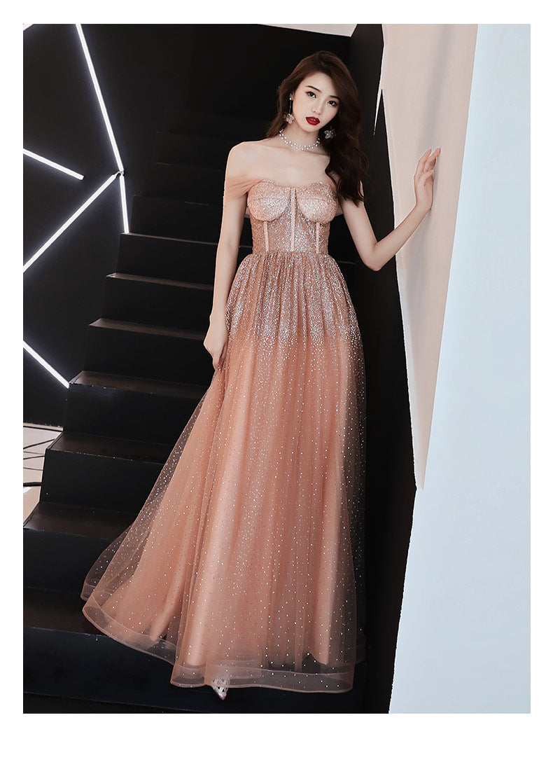 Sparkly Off Shoulder A-Line Sequins Peach Long Prom Dress, Tulle Eveni Cutedressy Sparkly Off Shoulder A-Line Sequins Peach Long Prom Dress, Tulle Eveni Cutedressy