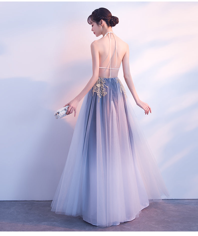 Stunning Gray Gradient Halter Neck Tulle Evening Dress
