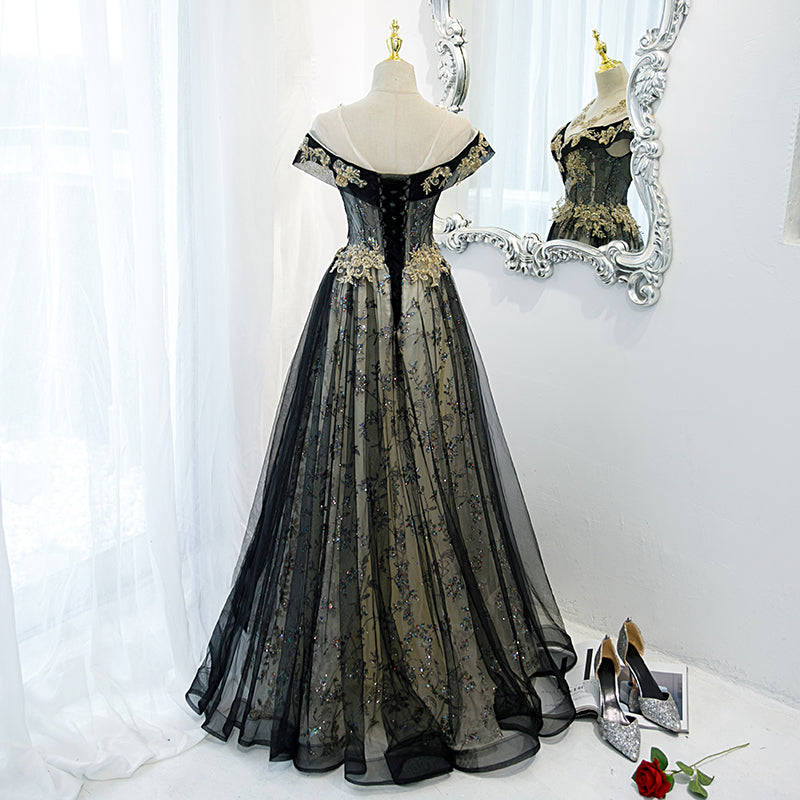 Beautiful Black Off Shoulder A-line Party Dress with Gold Lace, Black Cutedressy Beautiful Black Off Shoulder A-line Party Dress with Gold Lace, Black Cutedressy