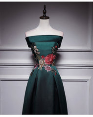 Dark Green Satin Long Party Dress with Embroidery, Green Prom Dress