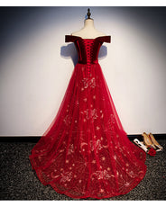 Gorgeous Red Tulle Off Shoulder Long Party Gown, Red Prom Dress