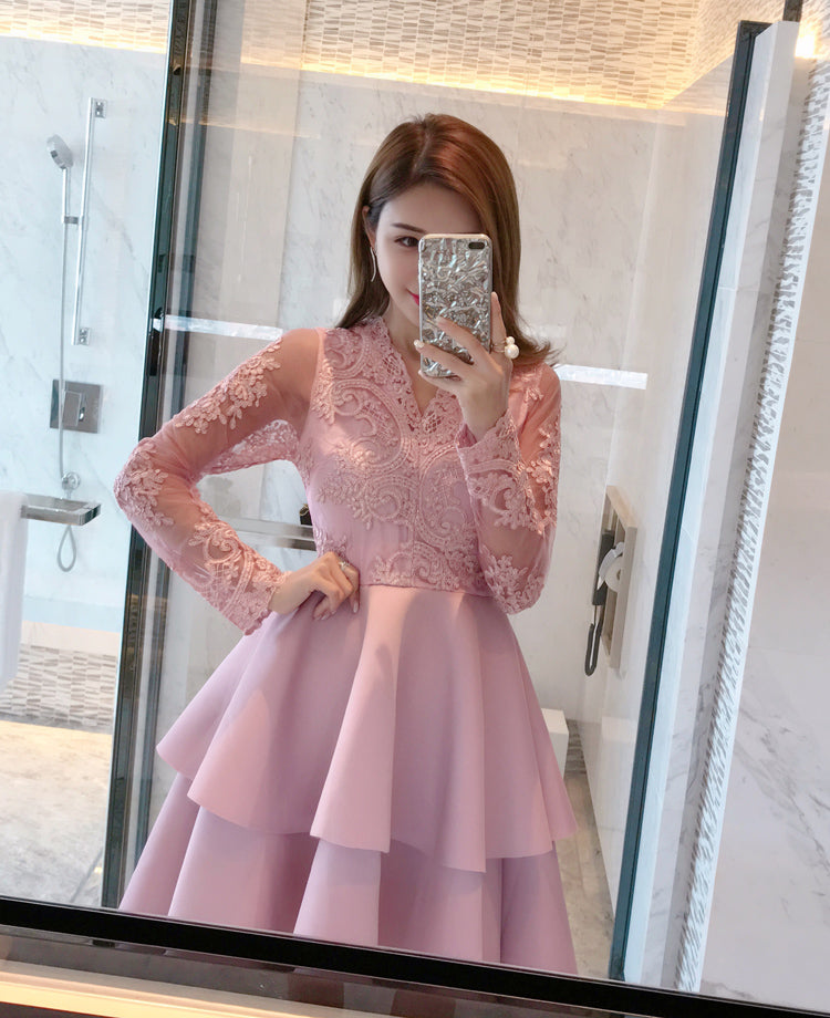 Charming Pink Lace Long Sleeves Layers Homecoming Dress, Lovely Party Dress