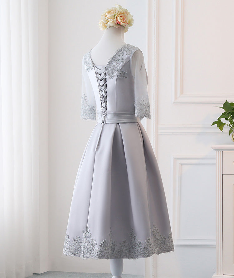 Grey Simple Knee Length Satin Short Sleeves Party Dress, Wedding Party Cutedressy Grey Simple Knee Length Satin Short Sleeves Party Dress, Wedding Party Cutedressy