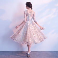 Beautiful Light Champagne Tea Length Lace Bridesmaid Dress, Homecoming Dress