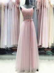 Pink Tulle with Lace Applique A-line Long Formal Gown, Pink Party Dress , Formal Gown