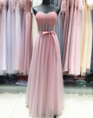 Pink Tulle with Lace Applique A-line Long Formal Gown, Pink Party Dress , Formal Gown