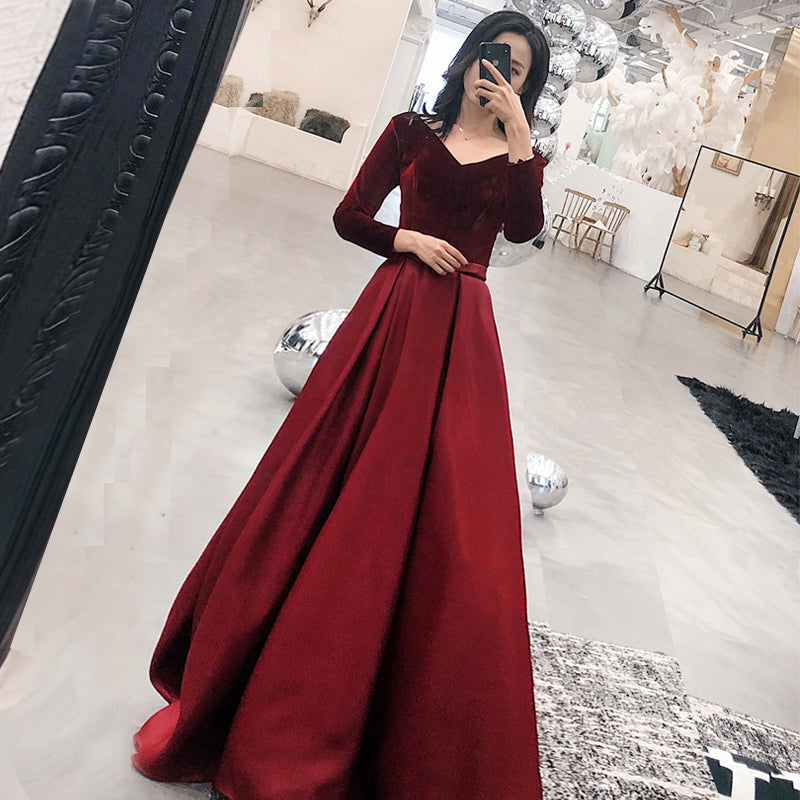 Wine Red Satin and Velvet Long Party Dress, Long Sleeves Evening Dress, Formal Dress