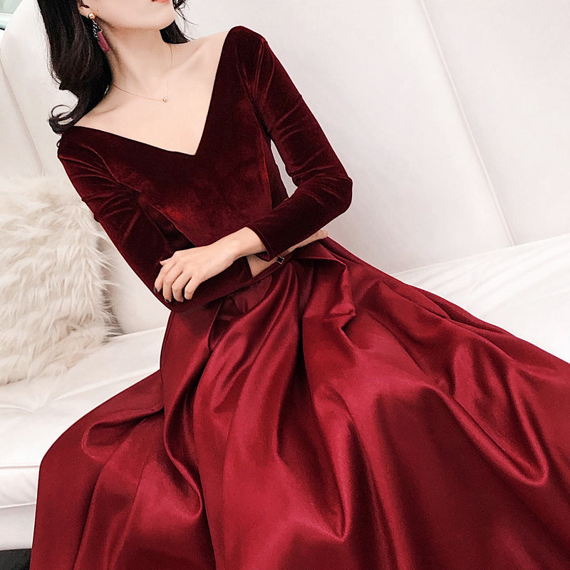 Wine Red Satin and Velvet Long Party Dress, Long Sleeves Evening Dress Cutedressy Wine Red Satin and Velvet Long Party Dress, Long Sleeves Evening Dress Cutedressy