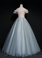 A-line Tulle with Lace Applique Off Shoulder Long Party Dress, Sweet 16 Formal Dress