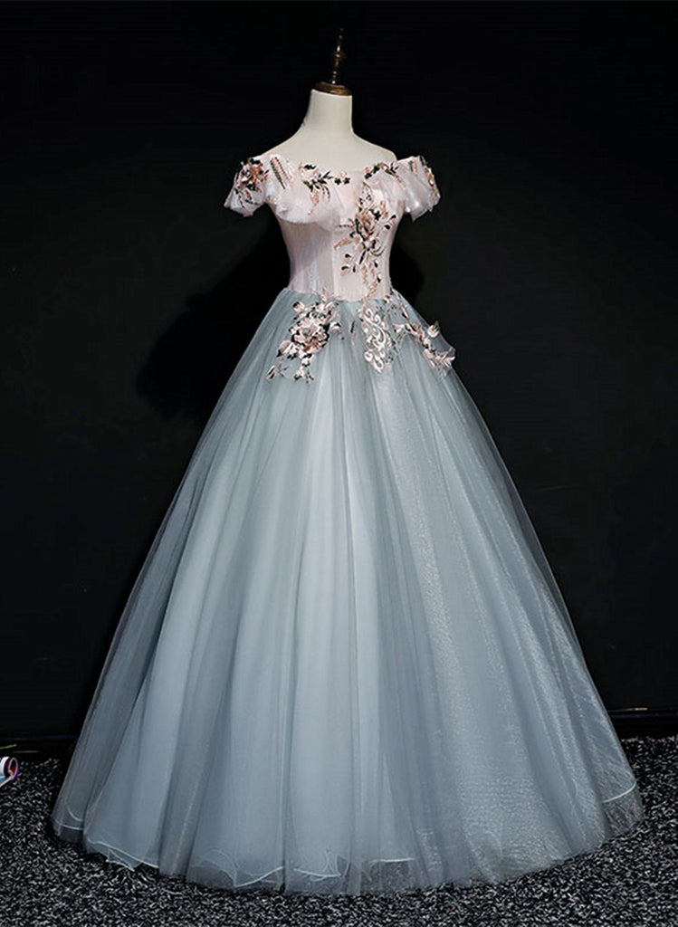 Charming Off Shoulder Tulle long Party Dress, Floral Applique Party Dress main image 1