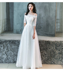 Charming Simple Tulle White Short Sleeves Wedding Dress with Lace, A-line Party Dress