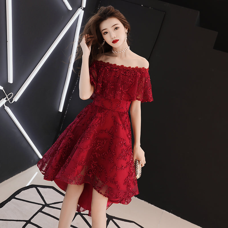 Wine Red Lace High Low Off Shoulder Party Dress, Dark Red Homecoming D Cutedressy Wine Red Lace High Low Off Shoulder Party Dress, Dark Red Homecoming D Cutedressy