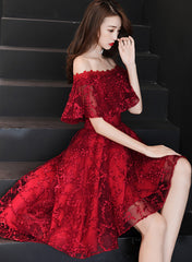 Wine Red Lace High Low Off Shoulder Party Dress, Dark Red Homecoming Dress