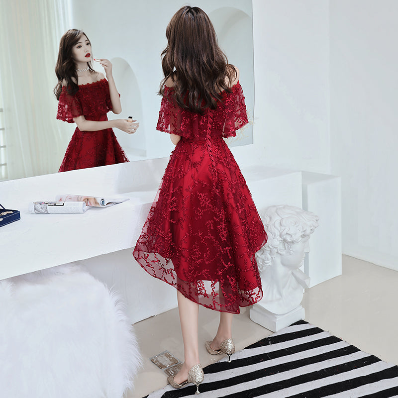 Wine Red Lace High Low Off Shoulder Party Dress, Dark Red Homecoming Dress Wine Red Lace High Low Off Shoulder Party Dress, Dark Red Homecoming Dress