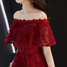 Wine Red Lace High Low Off Shoulder Party Dress, Dark Red Homecoming Dress