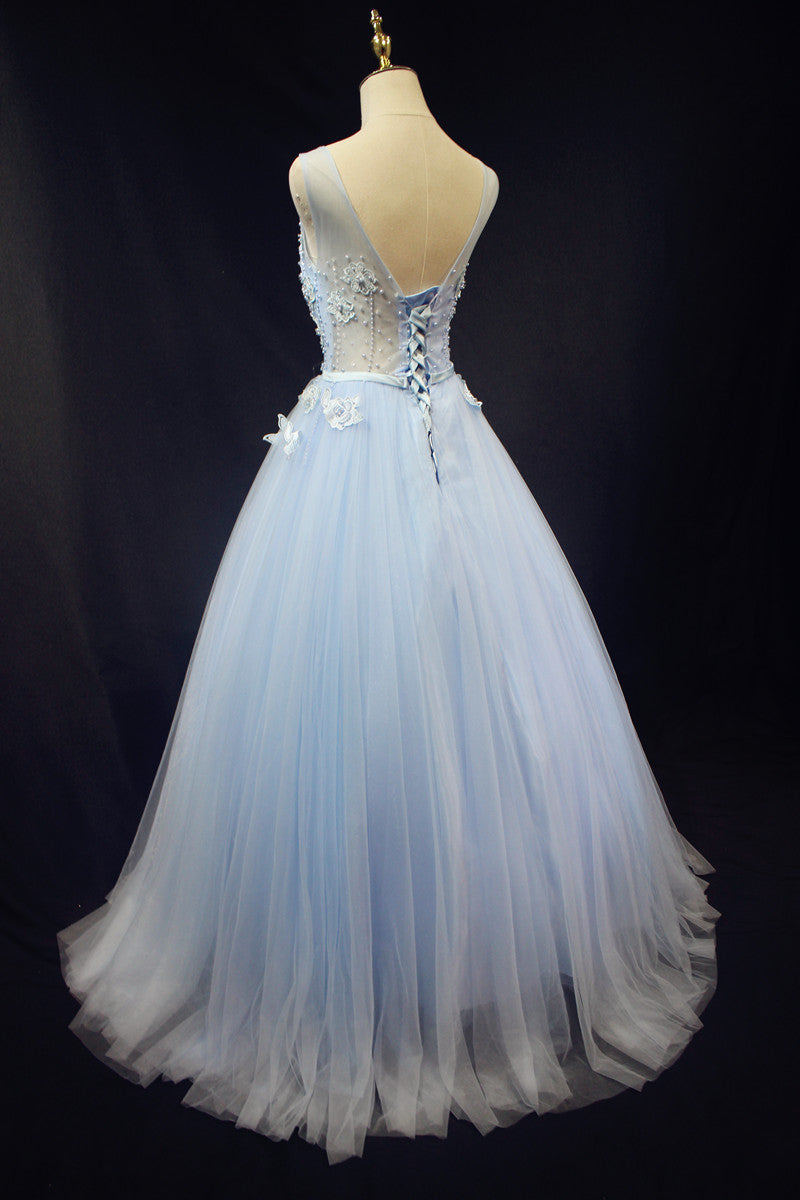 Light Blue Tulle Round Neckline Floor Length Party Dress , Blue Formal Gowns