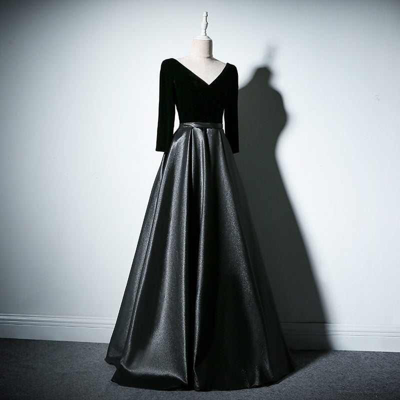 Black Satin And Velvet Long Sleeves Party Dress, Black Wedding Party D – Cutedressy Black Satin And Velvet Long Sleeves Party Dress, Black Wedding Party D – Cutedressy