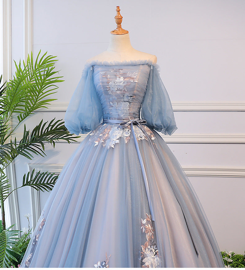 Blue Tulle Floral Off Shoulder Princess Formal Dress, Blue Sweet 16 Dr Cutedressy Blue Tulle Floral Off Shoulder Princess Formal Dress, Blue Sweet 16 Dr Cutedressy