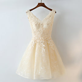 Cute Light Champagne Lace Knee Length Party Dress, Short Prom Dress 