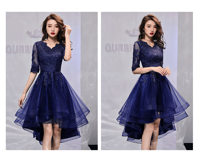 Navy Blue Short Sleeves High Low Homecoming Dress with Lace, Short Sle Cutedressy Navy Blue Short Sleeves High Low Homecoming Dress with Lace, Short Sle Cutedressy