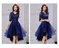 Navy Blue Short Sleeves High Low Homecoming Dress with Lace, Short Sleeves Prom Dress Party Dress