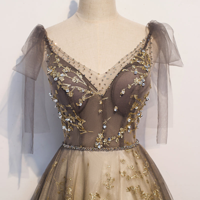 Lovely V-neckline Tulle Beaded Black and Champagne Prom Dress, Tulle Evening Dresses